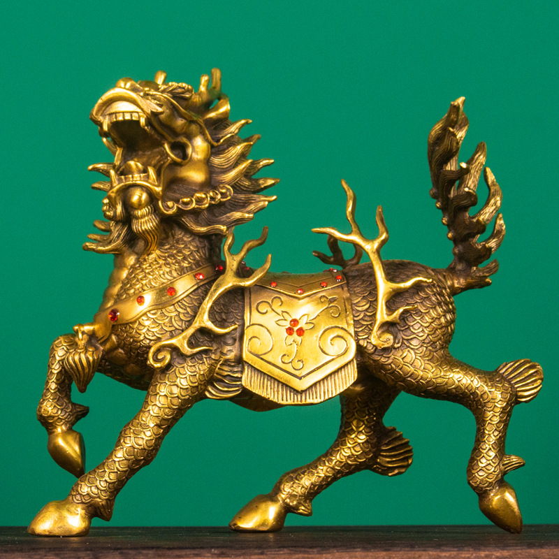 铜麒麟摆件一对黄铜火麒麟招财客厅办公室家用福禄麒麟大中小号