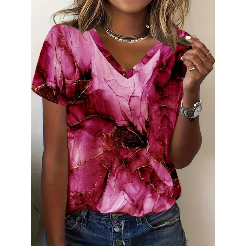 女士时尚百搭街头宽松透气V领短袖T恤现货绚烂花卉图纹3D数码印花