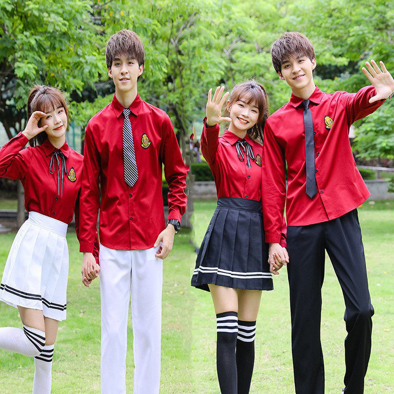 中学生大学生校服毕业班服套装红衬衣百褶裙合唱团舞台表演服