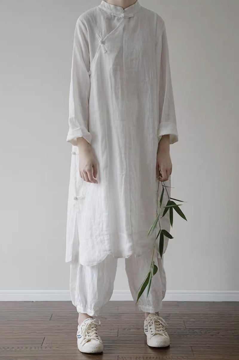 白色禅服女仙气苎麻连衣裙棉麻中国风改良旗袍中式素衣禅意休闲服