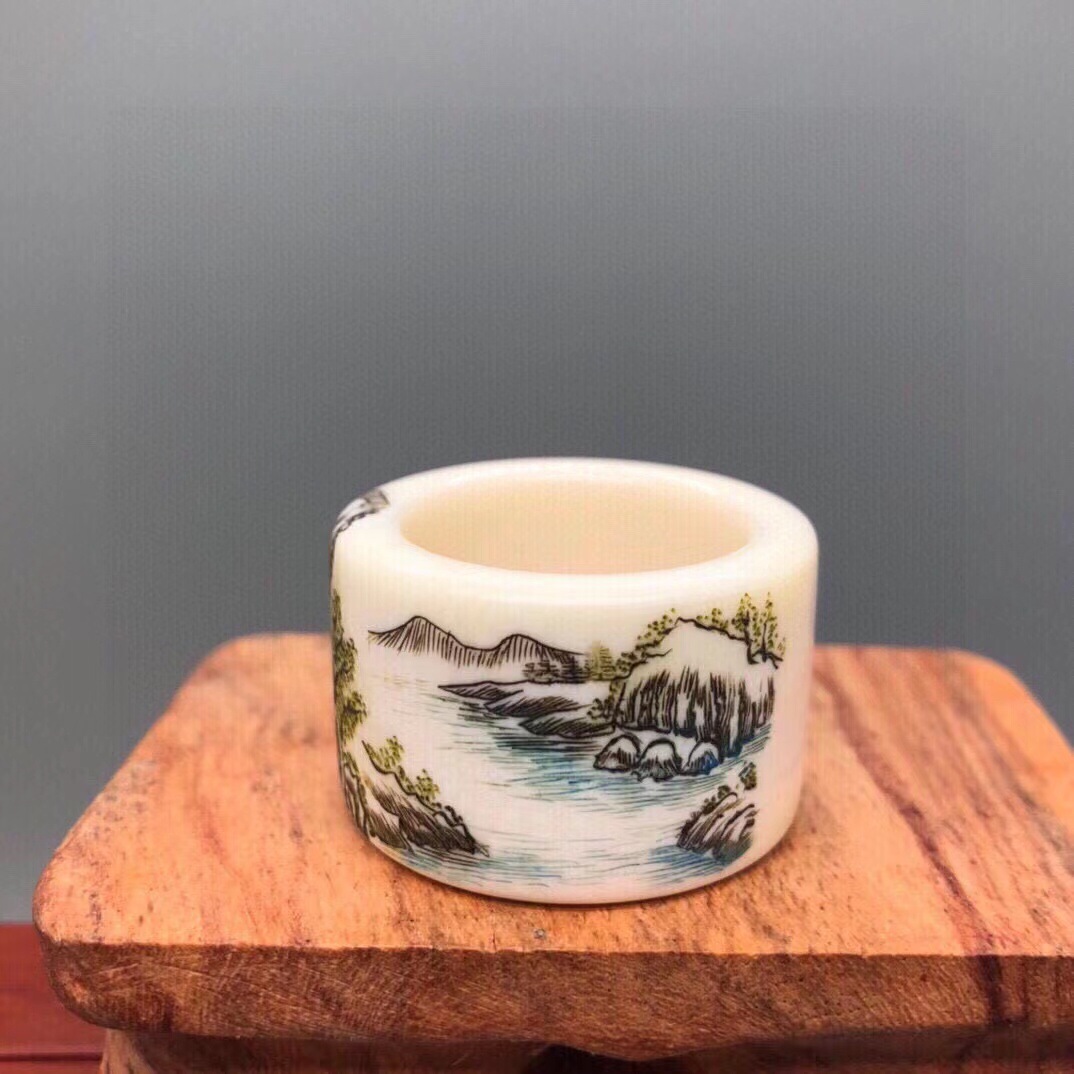 猛犸象牙山水诗句刻画扳指陈玉峰大师雕刻男女收藏珍品