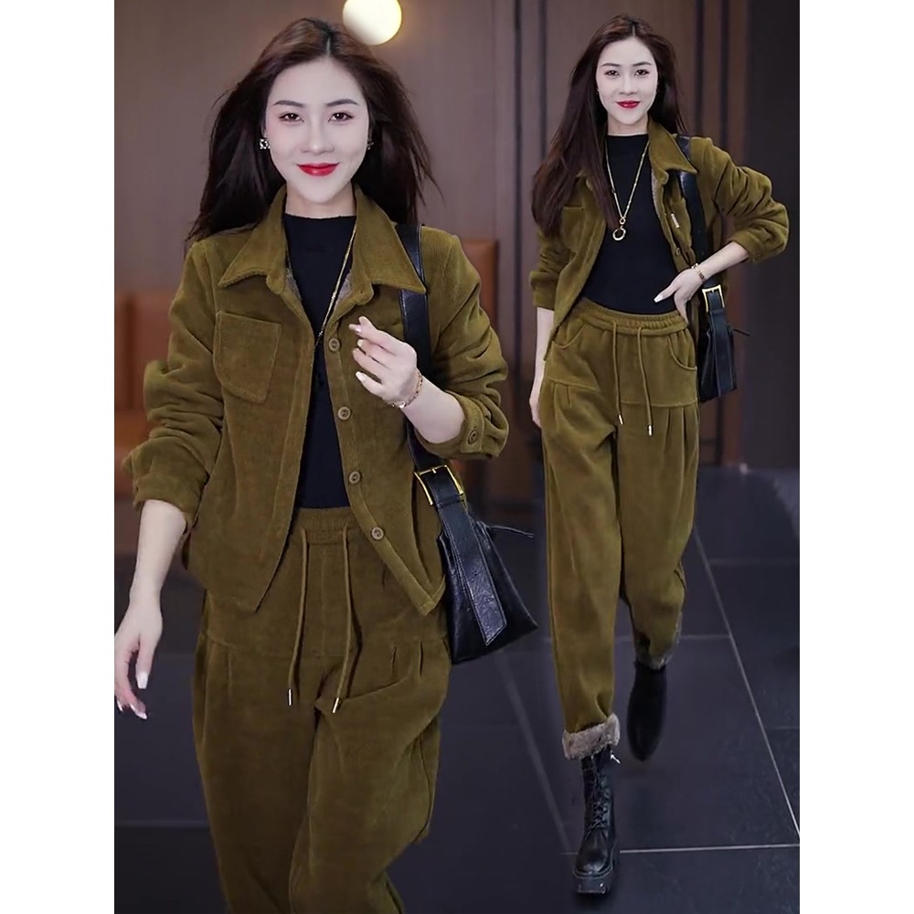 加绒加厚时尚套装2023新款女装秋季深冬装搭配一整套显瘦两件套女