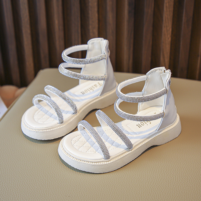 夏季韩版拉链软底公主风闪钻鞋女孩子露趾洋气大童凉沙滩罗马鞋