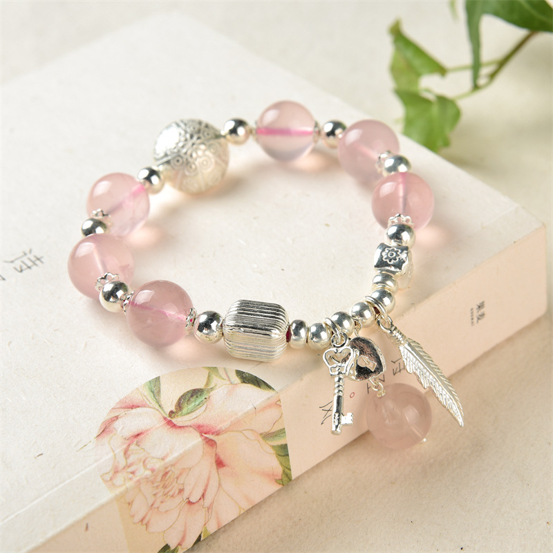 天然冰透体马粉单圈手串粉水晶时尚手链女s925银马达加斯加粉晶