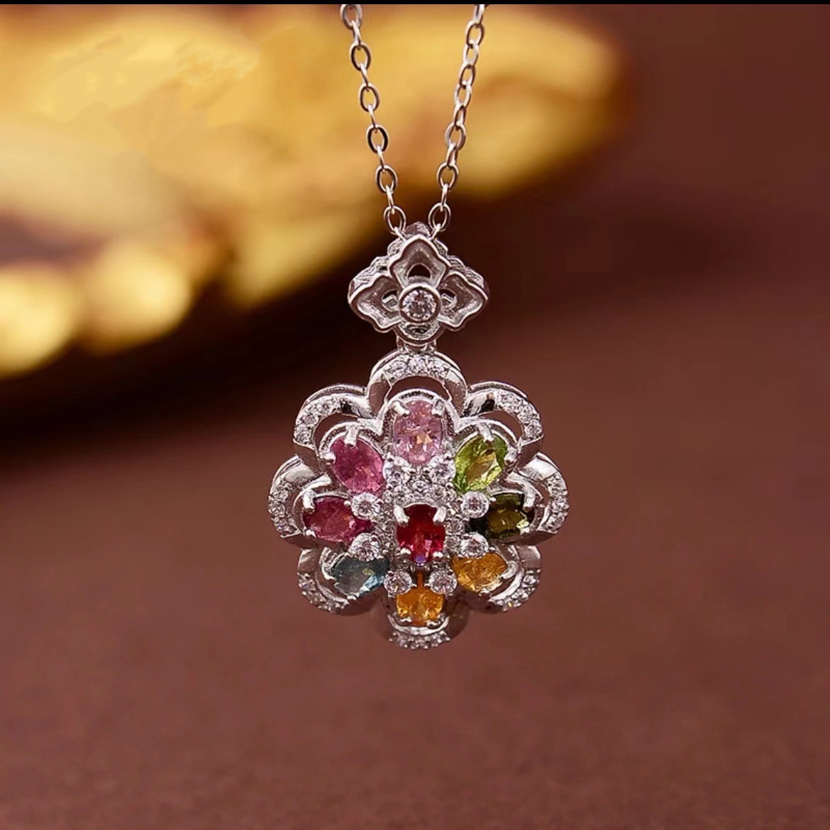 天然碧玺吊坠 s925银镶高级彩宝彩虹配色玺女项坠 轻奢款项链饰品