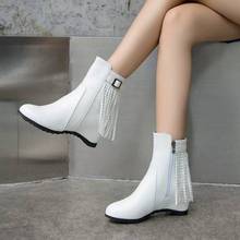 韩版中跟内增高女鞋子2023秋冬新款马丁靴百搭大码套筒流苏短靴子
