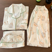 日系纯棉睡衣女夏季短袖长裤甜美兔子可外穿春夏款家居服三件套装