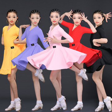 新款儿童拉丁舞一体领中袖专业女规定考级比赛分体哑光练功演出服