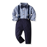跨境男童绅士套装2021春秋季新款儿童长袖条纹领结衬衫宝蓝背带裤