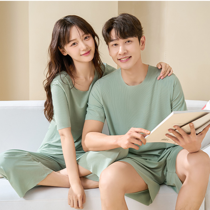 Ice Silk Couple Pajamas Women's Summer Thread Thin Short-Sleeved Trousers Can Be Worn outside Quick-Drying Men's Home Wear Suit