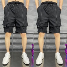 2024男士直筒工装拉链短裤假两件设计黑色轻薄速干透气系绳沙