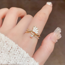 法式时尚轻奢微镶锆石银杏叶珍珠开口戒网红个性小众设计感食指戒