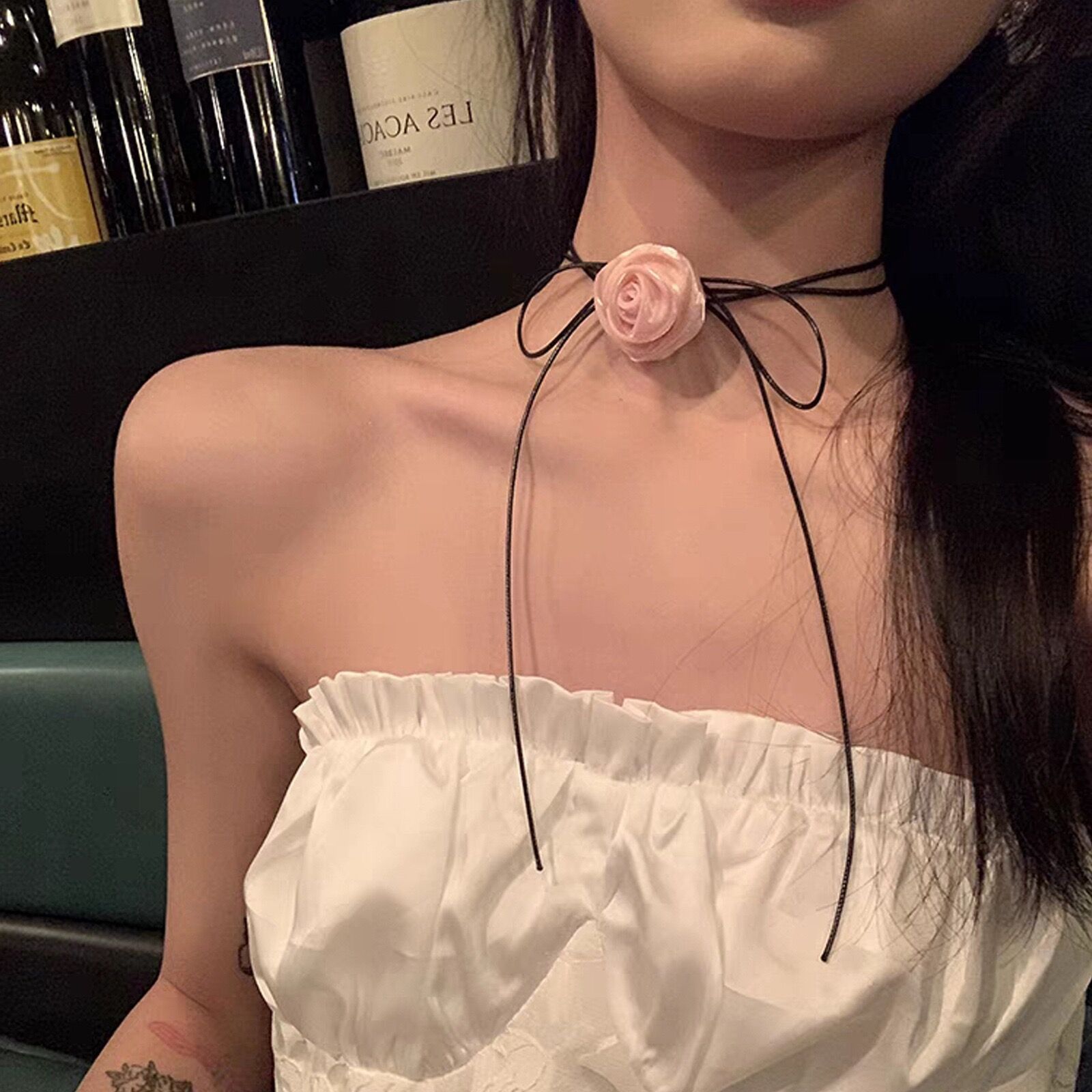 仙女风春日出游网纱玫瑰花朵绑带项链蝴蝶结choker锁骨链编发颈链