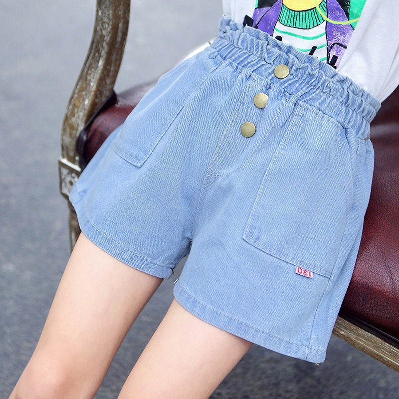 女童牛仔短裤童装夏季夏天外穿热裤女孩高腰松紧简约大方大童裤子
