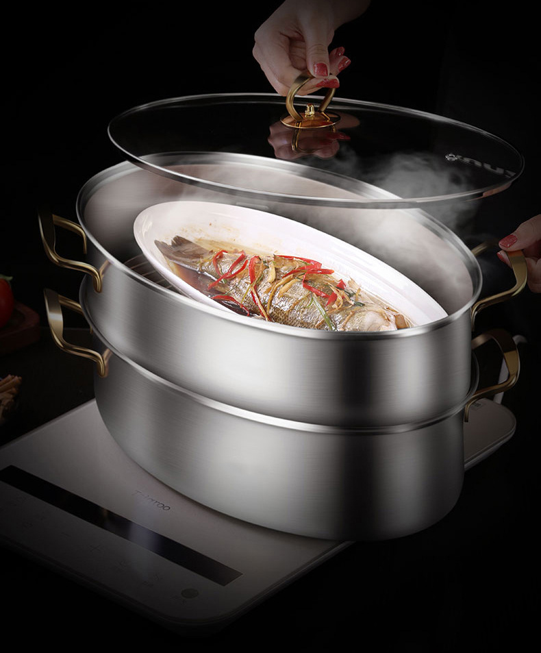 304不锈钢蒸鱼锅家用大容量大号清蒸锅蒸笼电磁炉加厚椭圆鱼锅2层