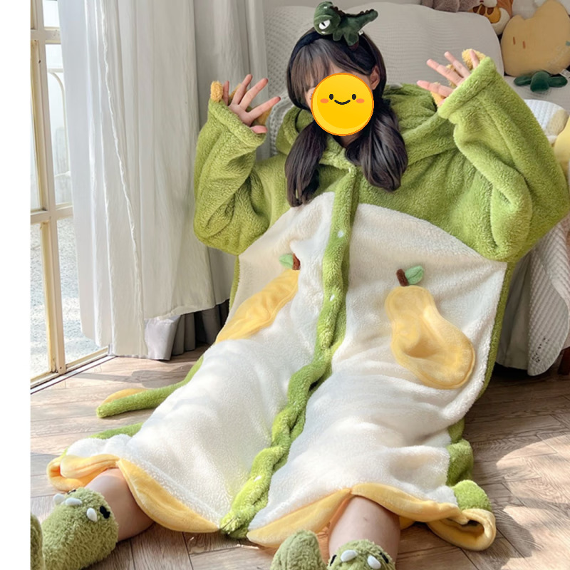 珊瑚绒家居服恐龙睡衣女加厚卡通可爱情侣睡袍冬毛绒睡裙动物连体