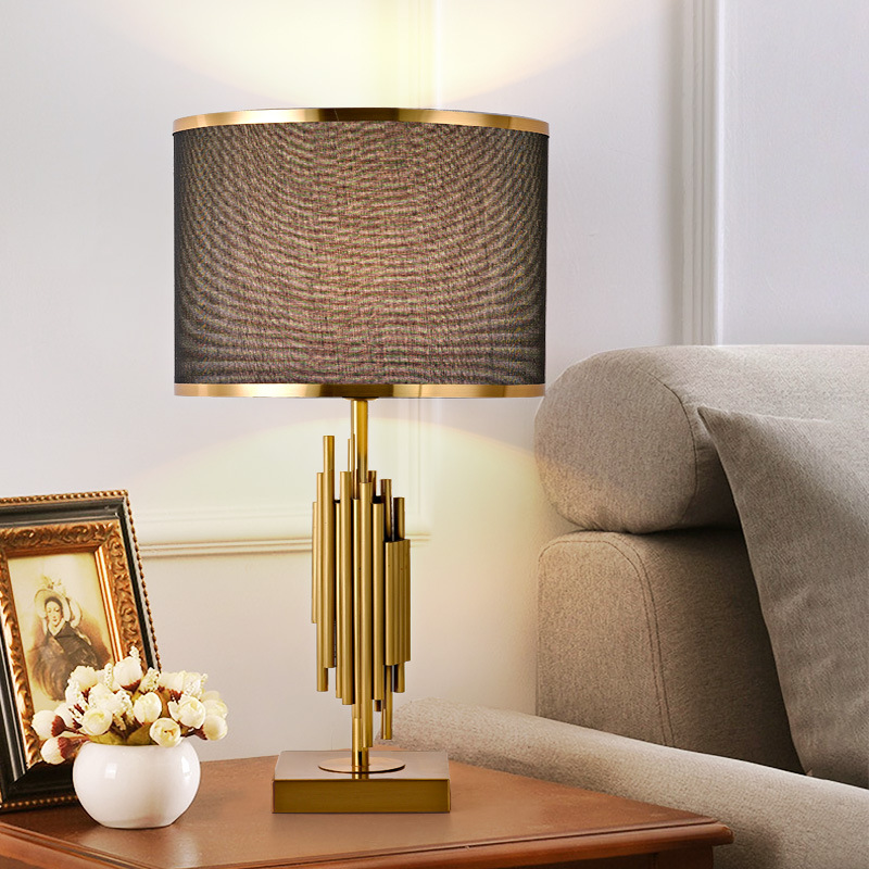 Modern Simple Table Lamp Ins Style Light Luxury Bedroom Bedside Decoration Table Lamp Imitation Copper Natural Color Cloth Covered Table Lamp