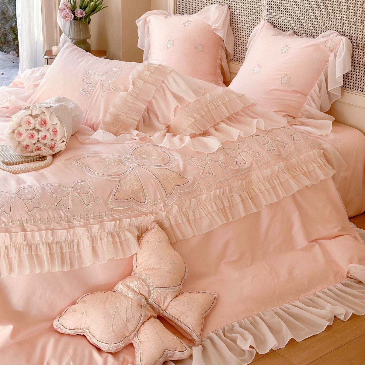 140支长绒棉公主风四件套粉色陪嫁刺绣高档床上用品4件套被套床单