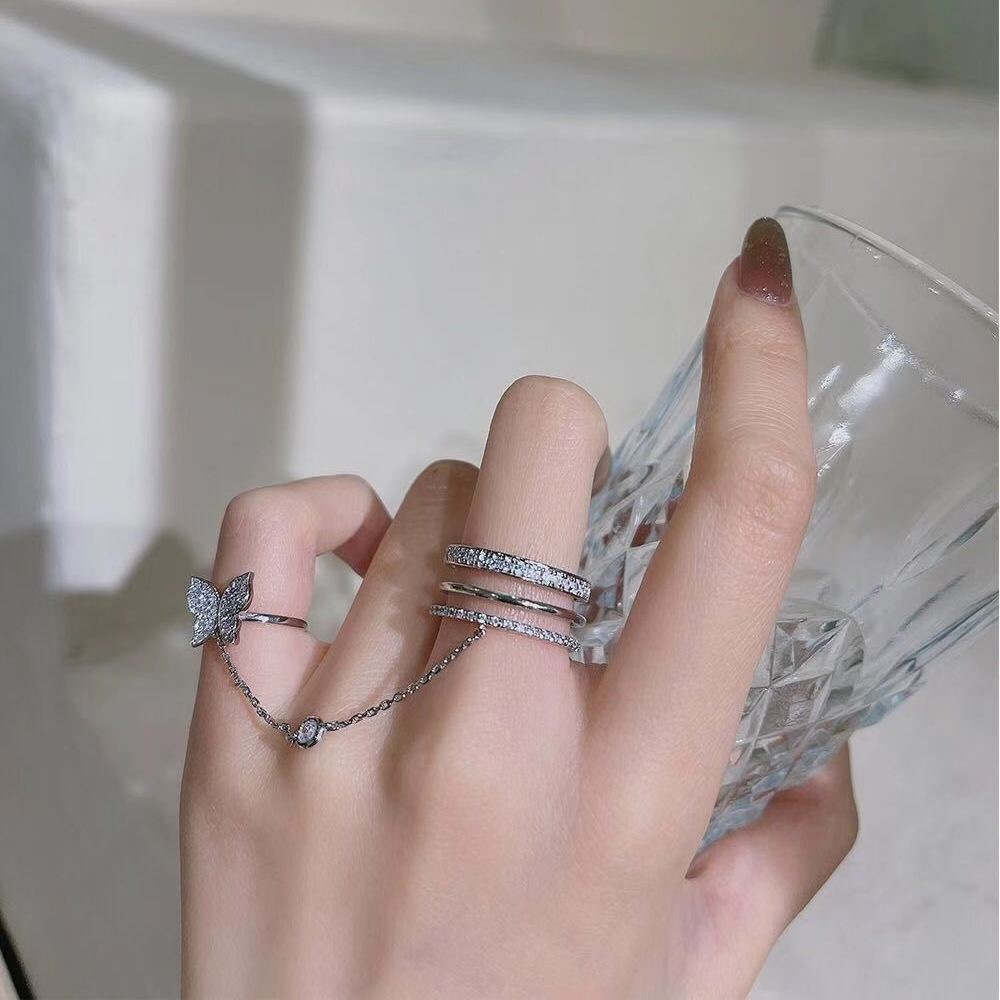 Net Red Butterfly Tassel Finger Ring Special-Interest Design Ring Super Ins Rhinestone Nail Fingertip Ring Index Finger