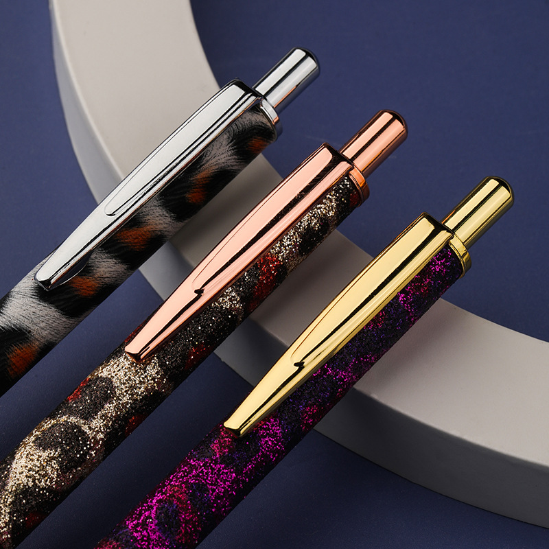 Leopard Print Pen Press PU Leather Ballpoint Pen Beating Metal Pen in Stock Wholesale Gift Pen E-Commerce Cross-Border Supply