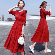 长裙女夏2024新款韩版气质收腰显瘦雪纺连衣裙红色超仙娃娃领裙子