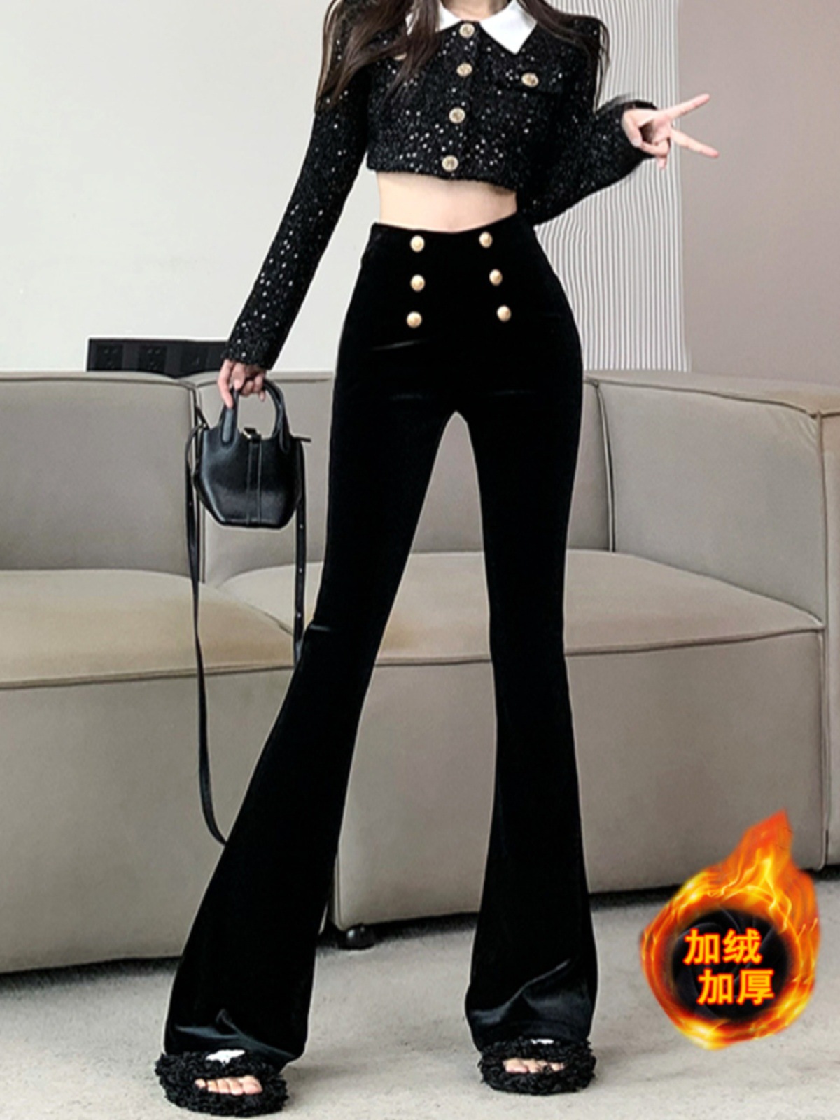 金丝绒微喇叭裤女秋冬加绒丝绒裤子双排扣高腰显瘦拖地长裤休闲裤