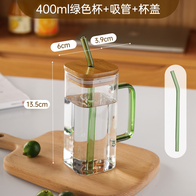 Square Glass Cup for Women Transparent Simple Heat-Resistant Cup with Lid and Straw Breakfast Milk Juice with Handle