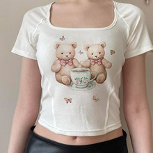 可爱小熊印花分割修身短袖T恤女2024夏季美式辣妹露脐INS新款上衣