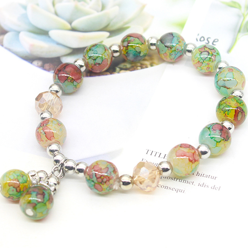 新款复古10mm七彩爆花裂纹仿玉石水晶手链彩色琉璃手串直播小礼品
