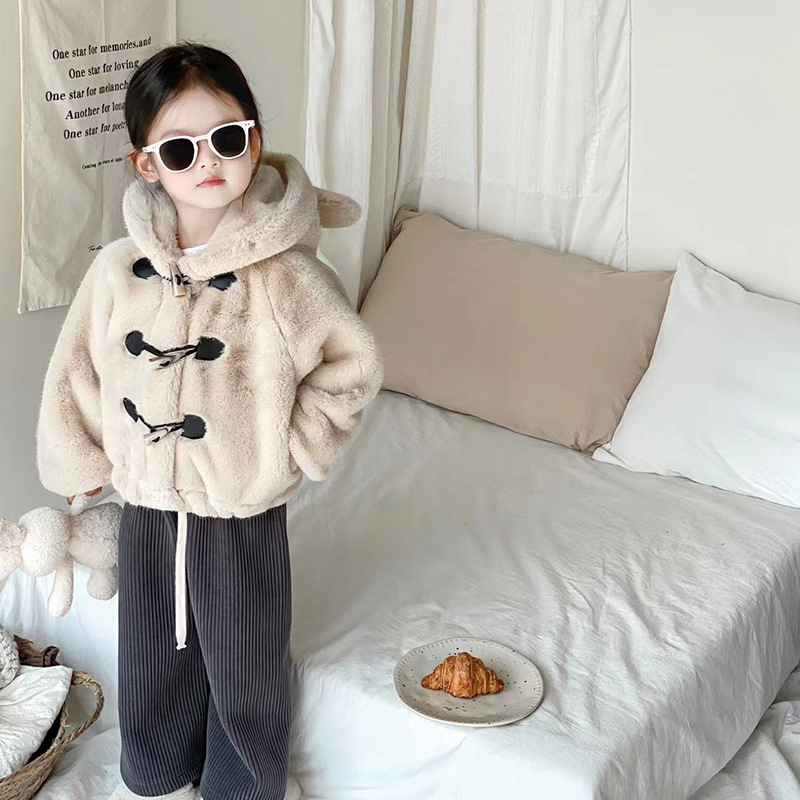 Deer Deer Girl Fur Coat 2023 Winter New Korean Style Children's Hoodie Furry Thickened Warm Coat