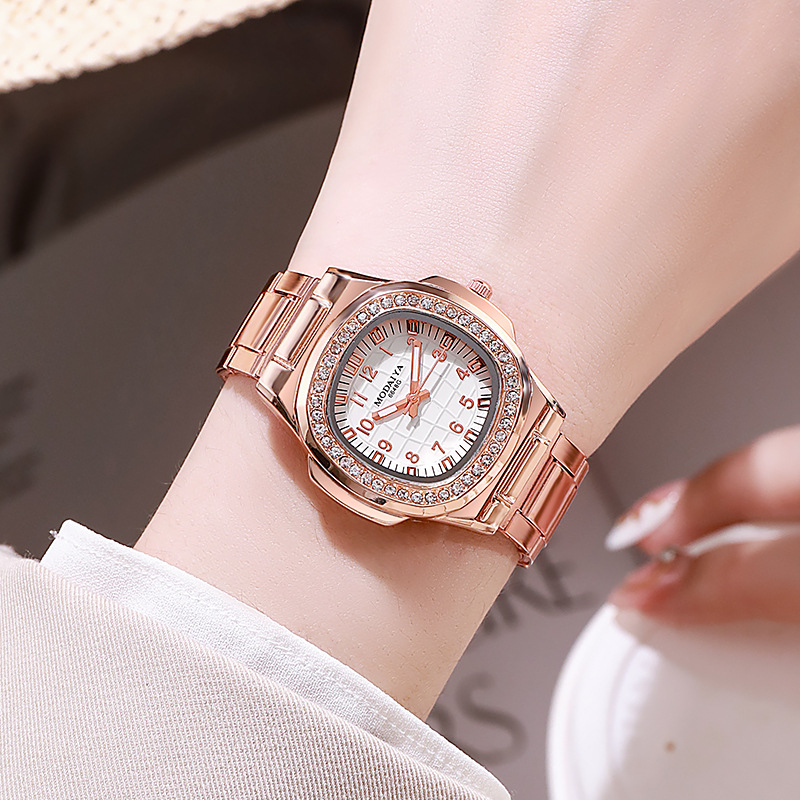 Foreign Trade Fashion New Rhinestone Square Alloy Shell Women's Quartz Watch Simple Digital Time Versatile Women's Watch