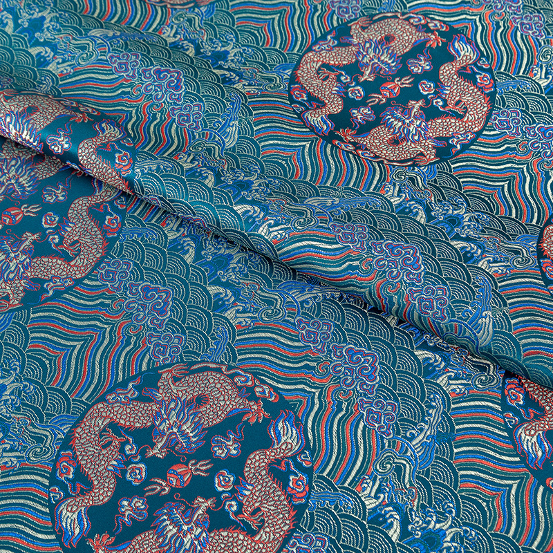 高密丝绸缎织锦缎面料海水浪龙团纹提花中国风传统-阿里巴巴