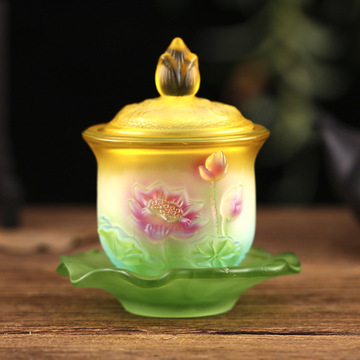 琉璃供杯家用财神圣水杯观音杯莲花净水杯供佛杯套装家用供奉套装