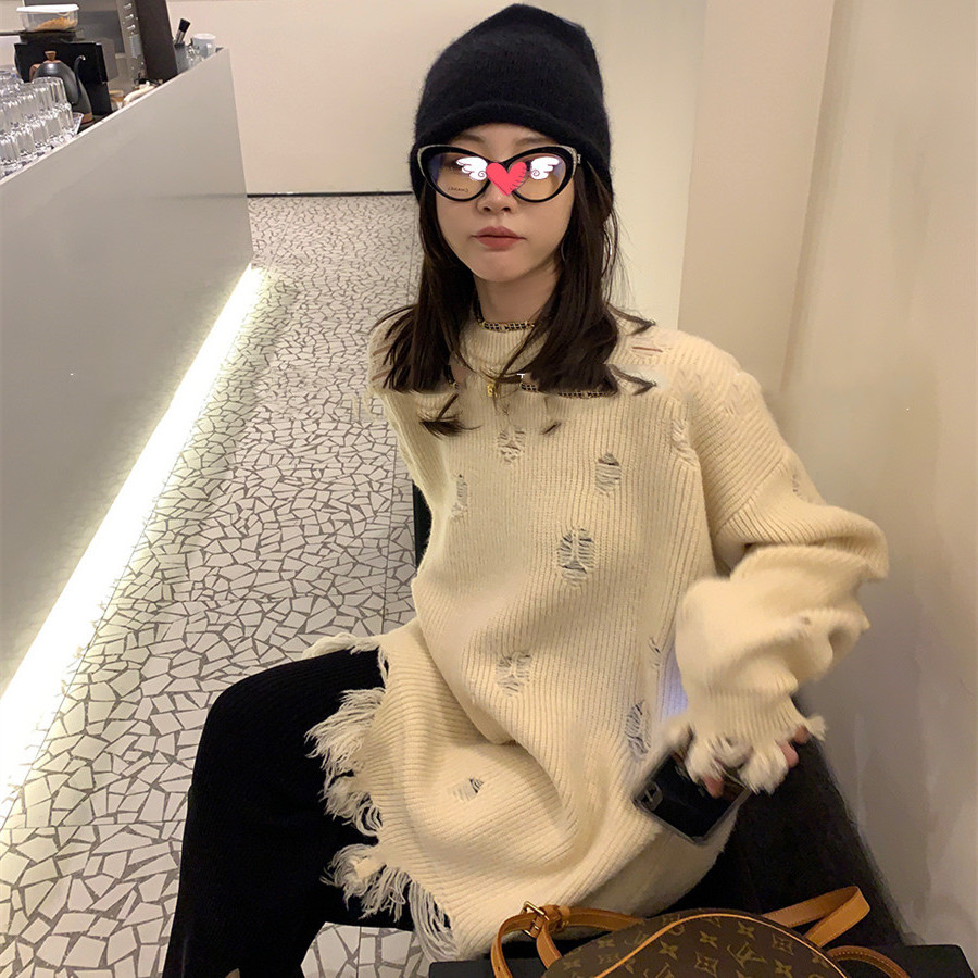 网红同款 纯色毛边流苏毛衣女2021秋冬新款百搭宽松显瘦上衣