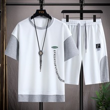男士套装夏季两件套韩版时尚潮流青少年宽松潮牌刺绣短袖T恤短裤