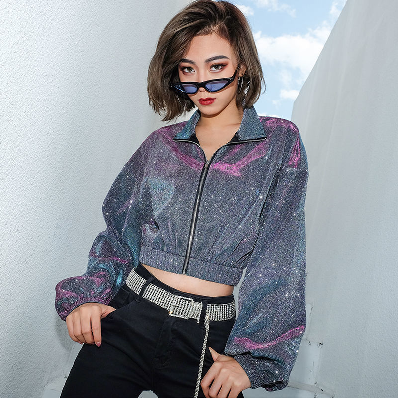 包邮欧美ins镭射短款外套女收腰蹦迪闪闪舞蹈上衣潮2020新款