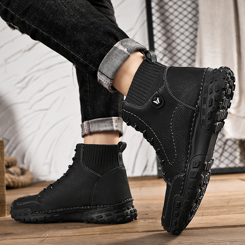 高帮男鞋2023新款秋季皮面休闲工装鞋男士户外厚底耐磨中帮马丁靴