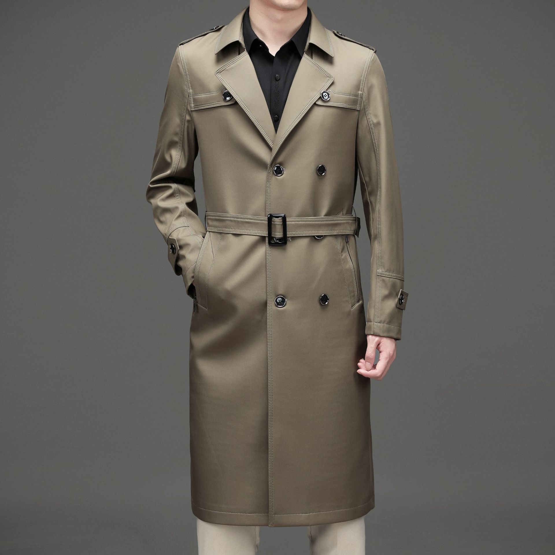 秋新款男士长袖翻领休闲现货合体型不连帽腰带双排扣纯色风衣外套