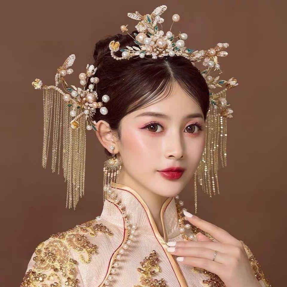 中式 凤冠敬酒服秀禾头饰新娘2021新款发饰流苏步摇头饰气质简约
