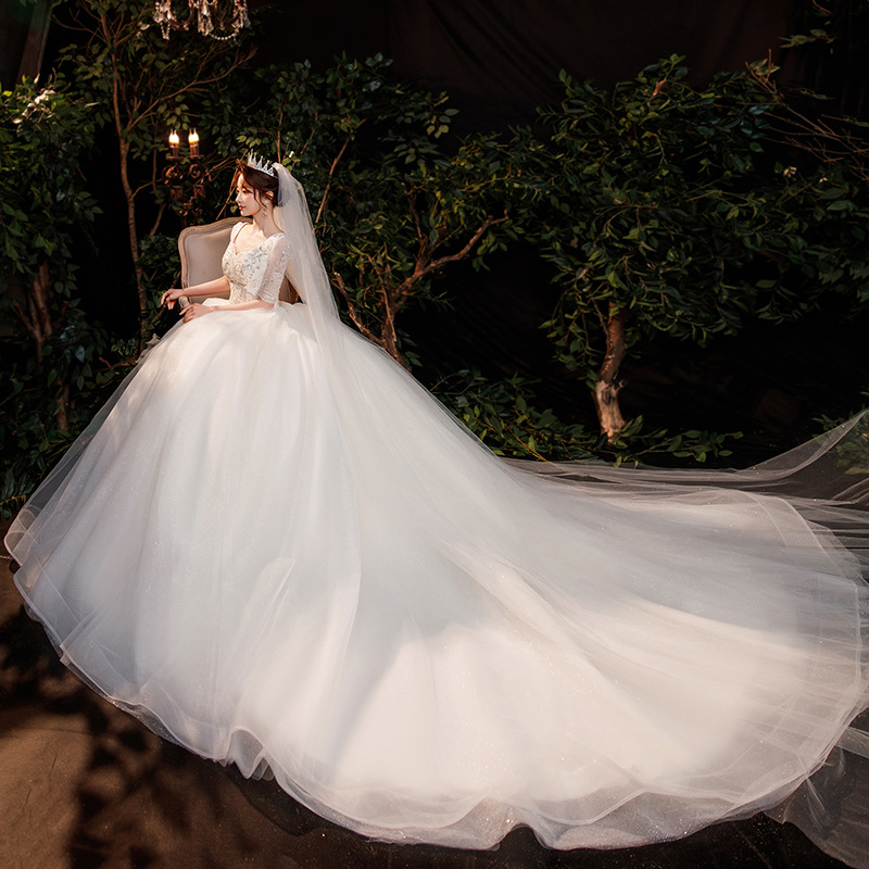 喷金主婚纱新娘结婚礼服高腰白色显瘦长袖婚纱长款拖尾婚纱礼服女