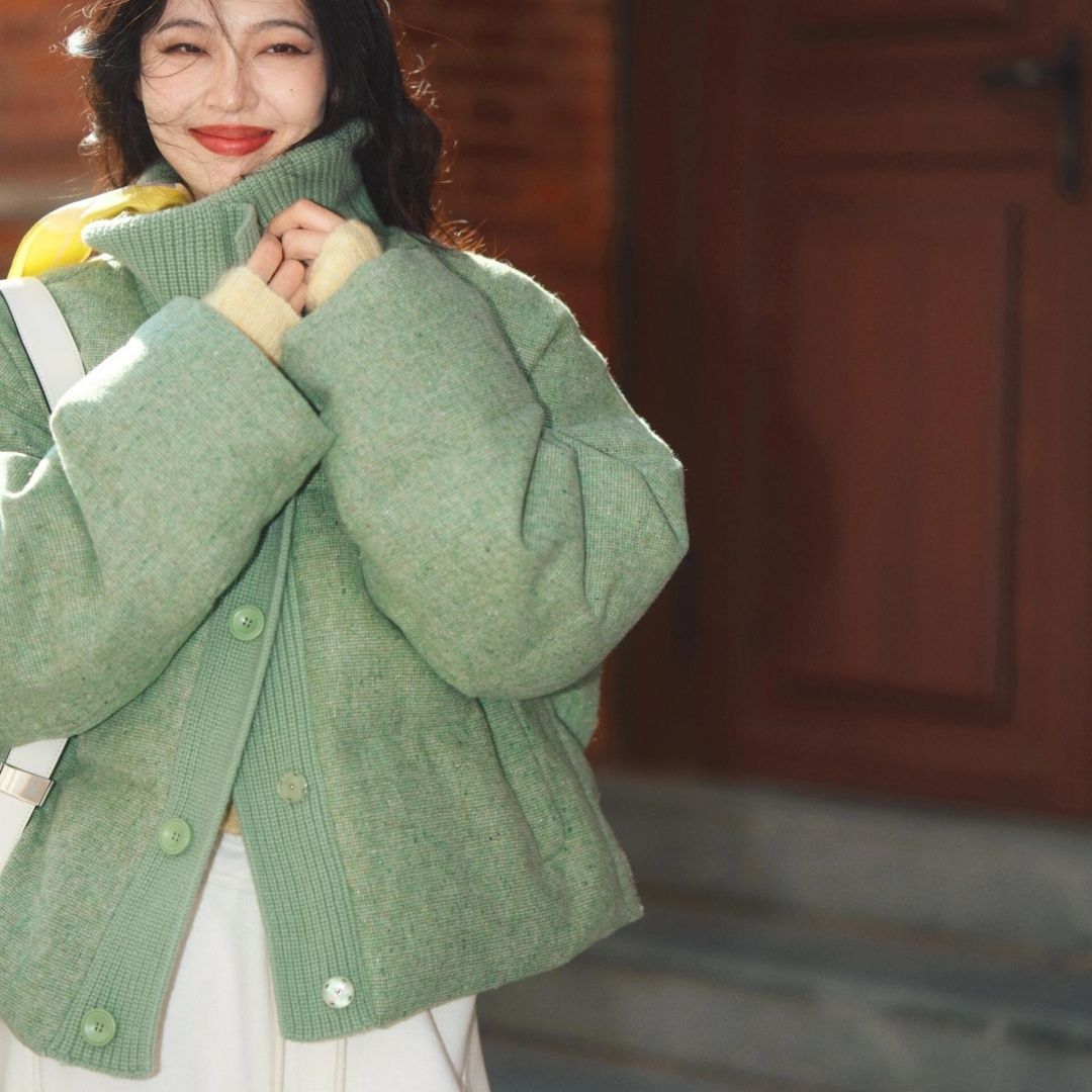 绿色减龄通勤短款翻领棉衣棉服外套设计感小众气质上衣2025秋冬季