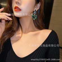 925银针时尚复古绿宝石爱心韩国气质简约小众个性女耳饰