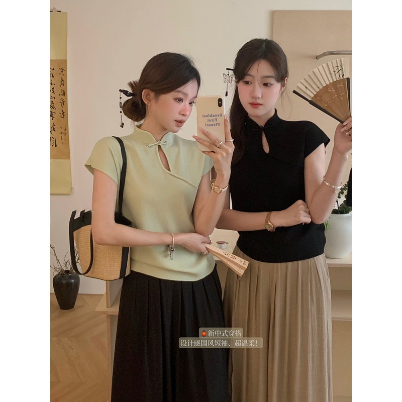 新中式国风盘扣立领飞飞袖针织衫女夏季2024新款气质百搭短袖上衣