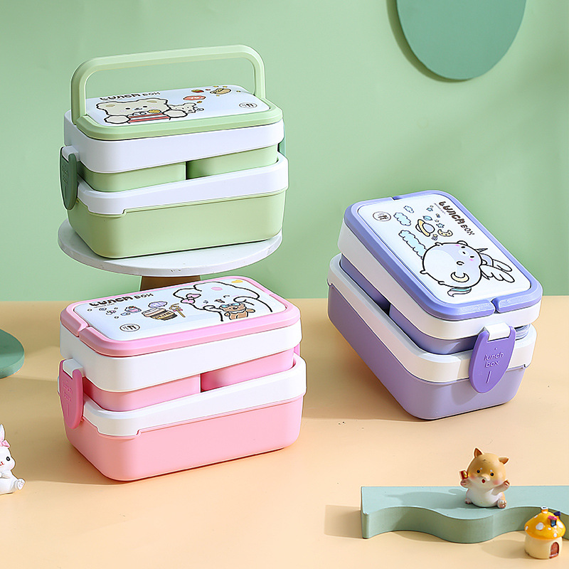 office worker student portable microwaveable double-layer bento box large capacity division lunch box cartoon lunch box with tableware