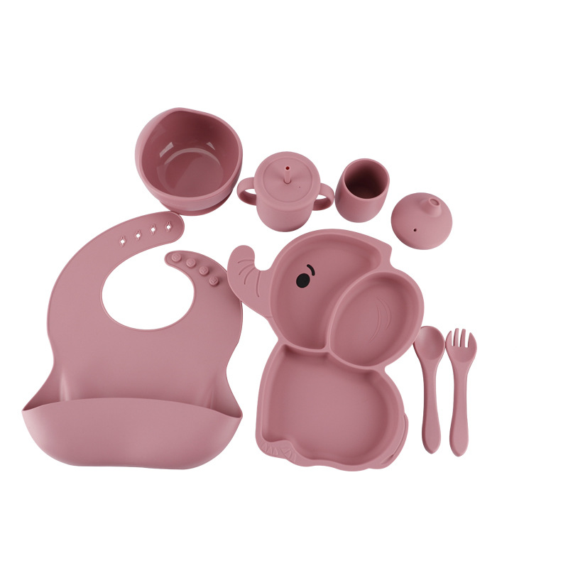 8-Piece Set 10-Piece Baby Elephant Silicone Plate Set Children's Tableware Baby Food Supplement Snack Catcher Spork Bib