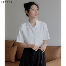 EFOLING白色短袖衬衫女2024夏季设计感小众宽松通勤韩版复古衬衣