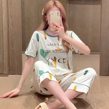 睡衣女夏天棉套装女短袖长裤薄款女式夏天宽松大码家居服两件套