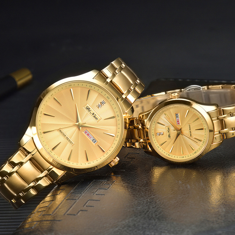 谛诺dinuo_5692男女对表双日历简约气质复古港风金色经典精钢腕表