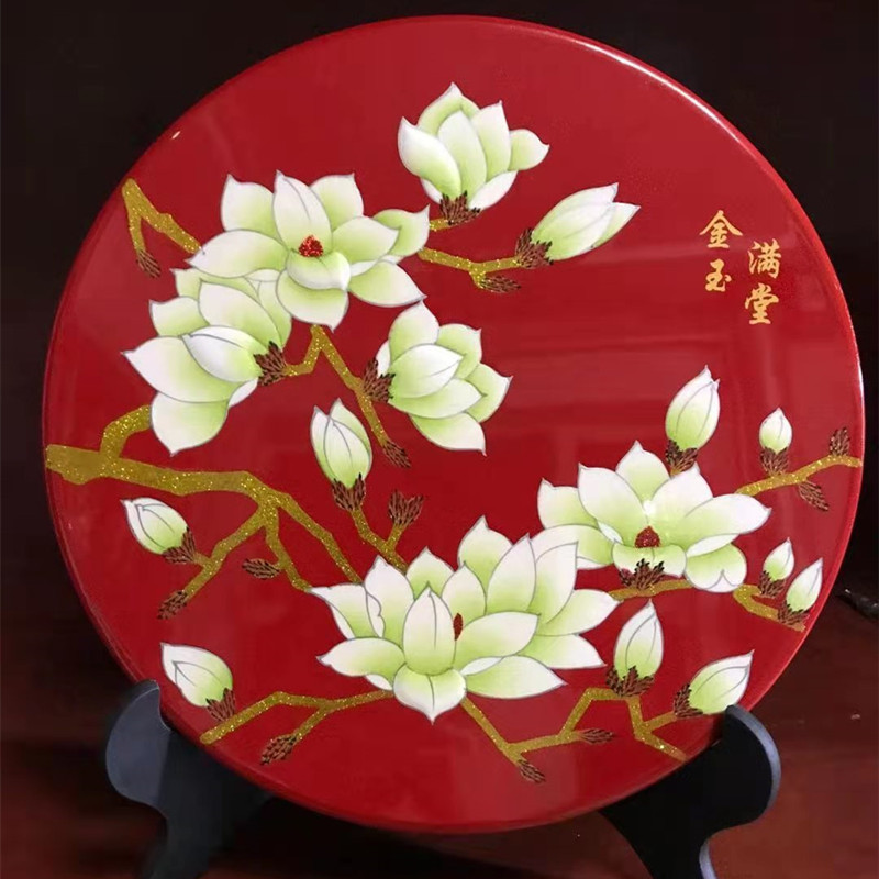 手工彩绘漆器工艺品摆件木质描金彩绘漆画圆盘山西风光装饰品定制