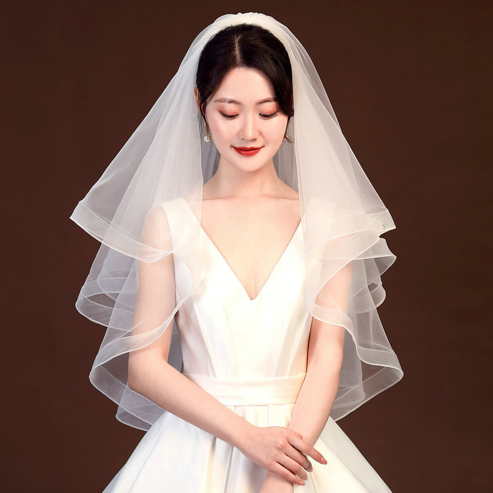 新款新娘头纱香槟色长款拖尾头纱超仙森系珍珠网红拍照道具头饰